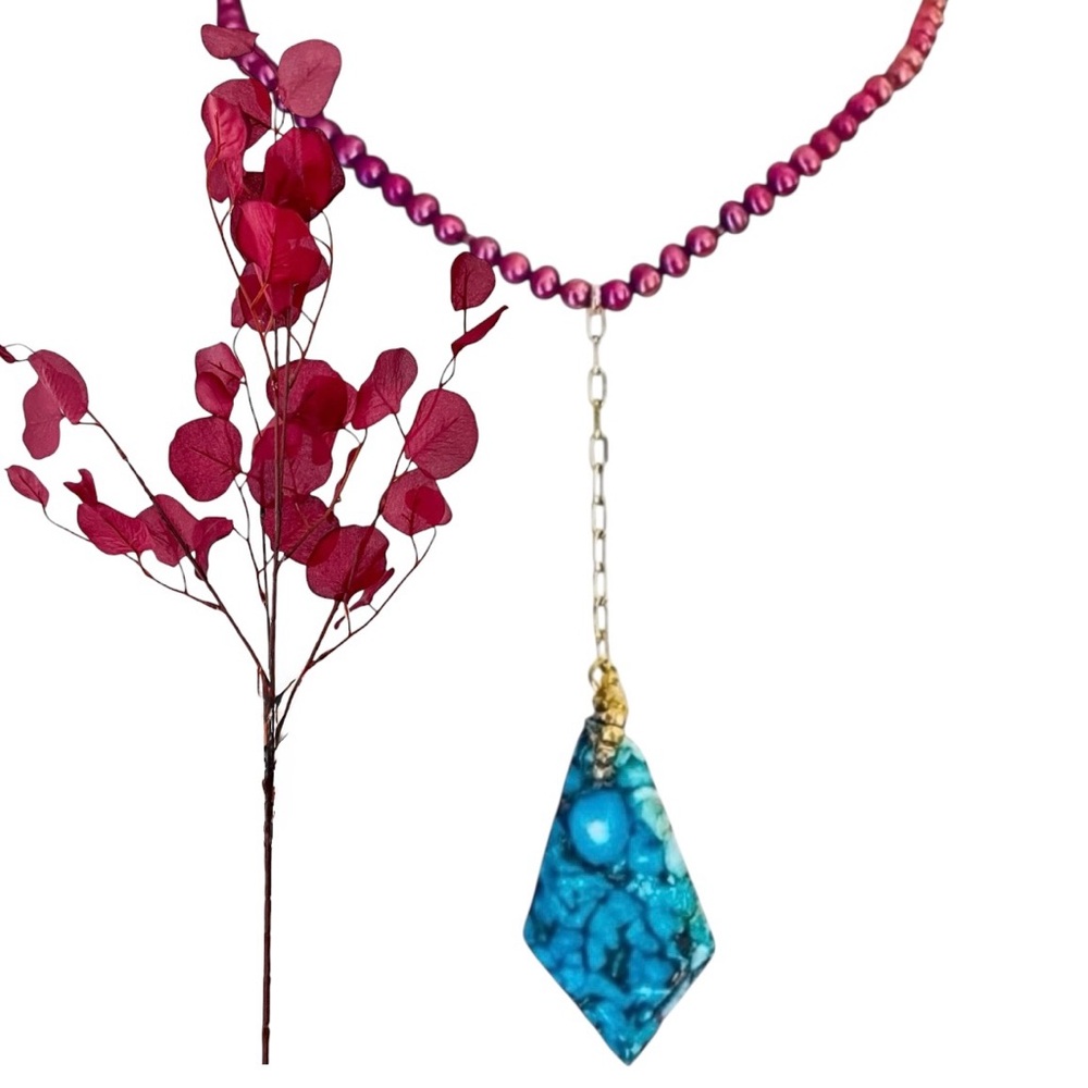 Nakamol Turquoise Diamond Pendant Necklace with Fuchsia Beads & Gold Chain Drop